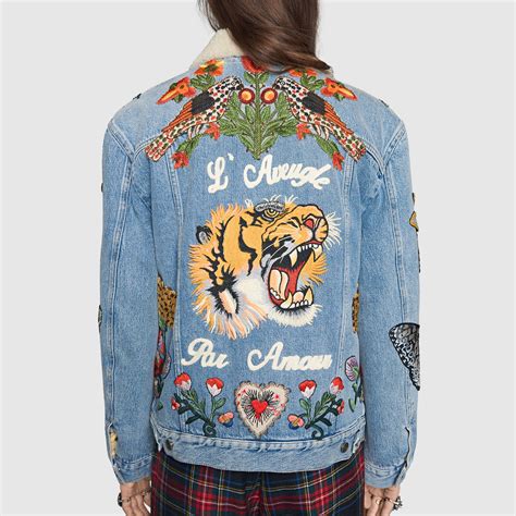 gucci embroidered denim jacket with shearling replica|gucci tiger denim jacket.